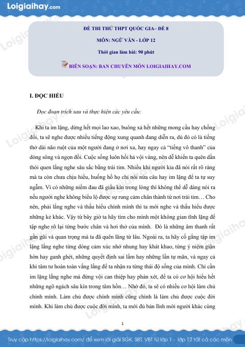 Đề số 8 - Đề thi thử THPT Quốc gia môn Ngữ văn